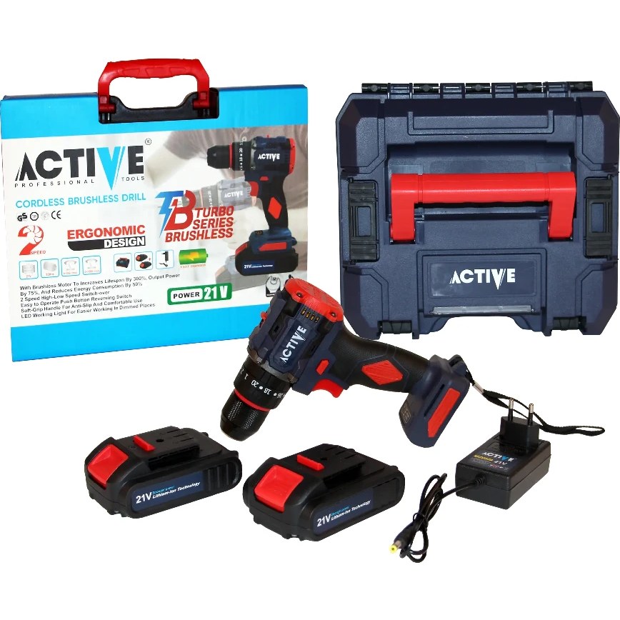 دریل شارژی اکتیو مدل AC-3121BL ۲ باتری ۲۱ ولت براشلس